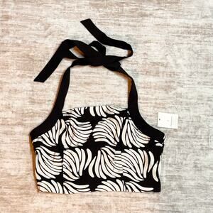 A New Day Women’s Small Tropical Crop Top Black Cream Halter Square Neck Resort
